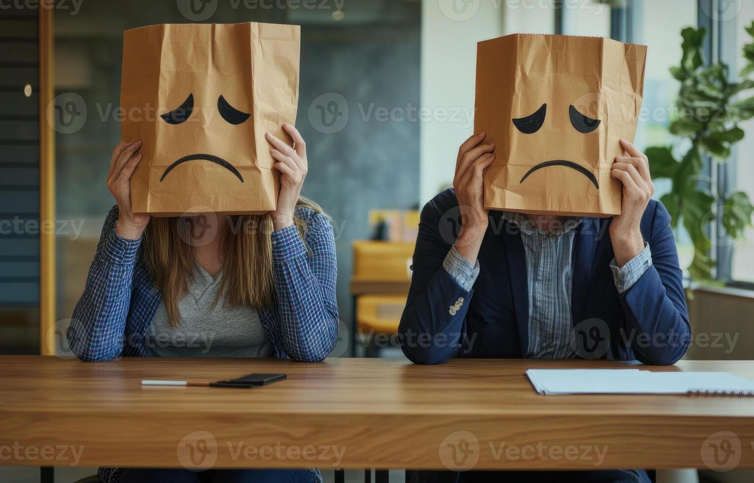 Two people with paper bags on their heads sit at a table in an office and draw sad faces. photo