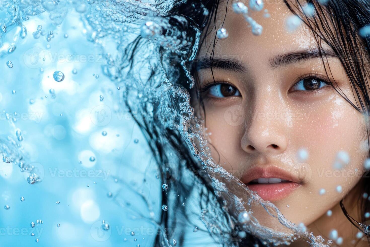Beautiful woman with wet hair surrounded in the style of bubbles and water droplets floating in the air. photo
