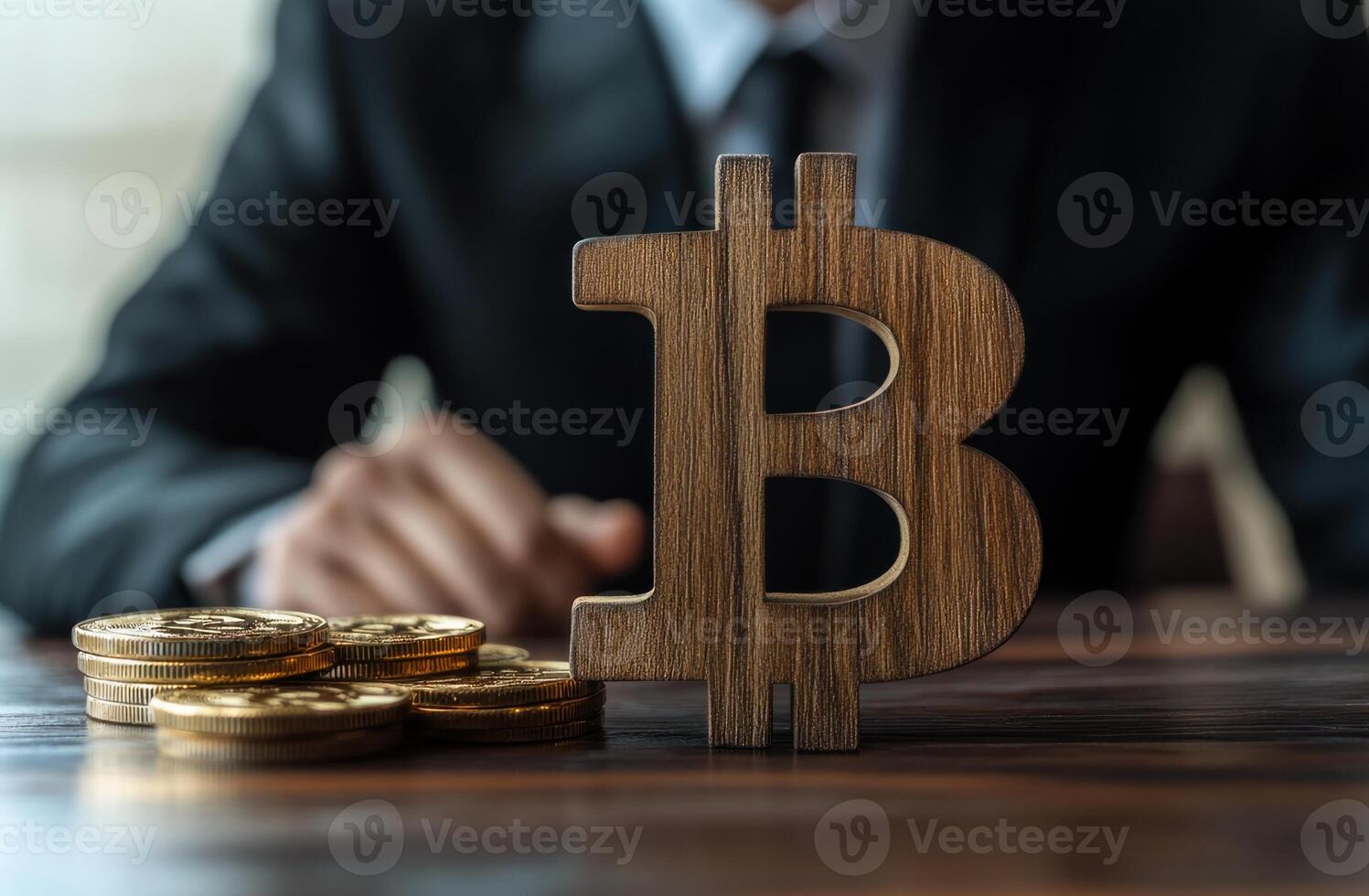 Wooden sign bitcoin on a table in front of a businessman isolated over a white background. photo