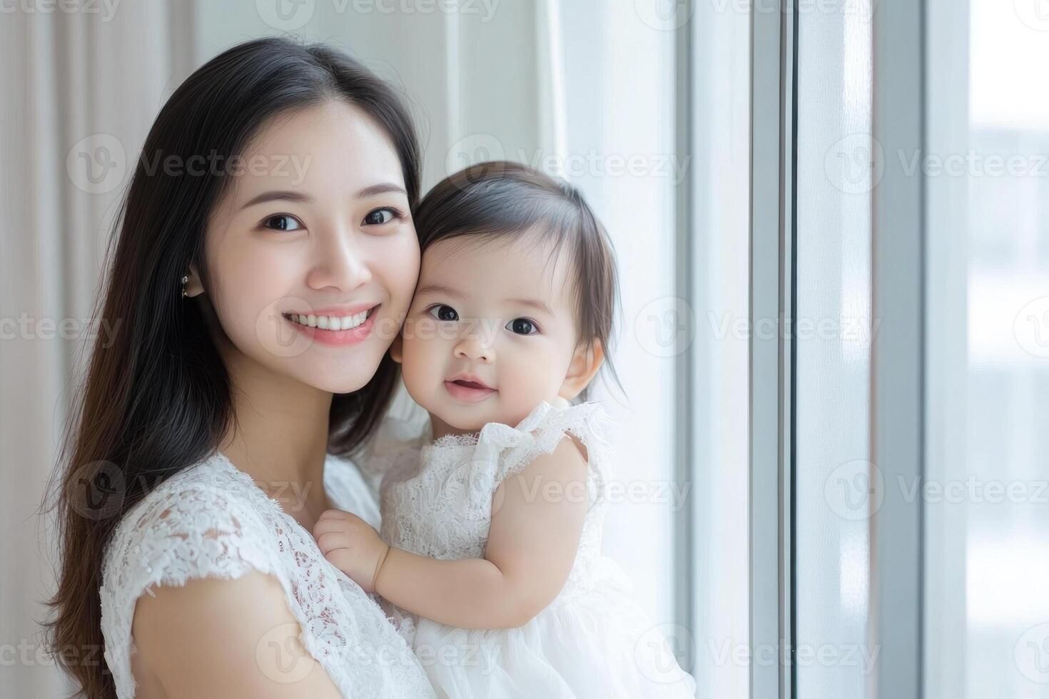 Young mother holding a cute baby girl in a white dress. photo