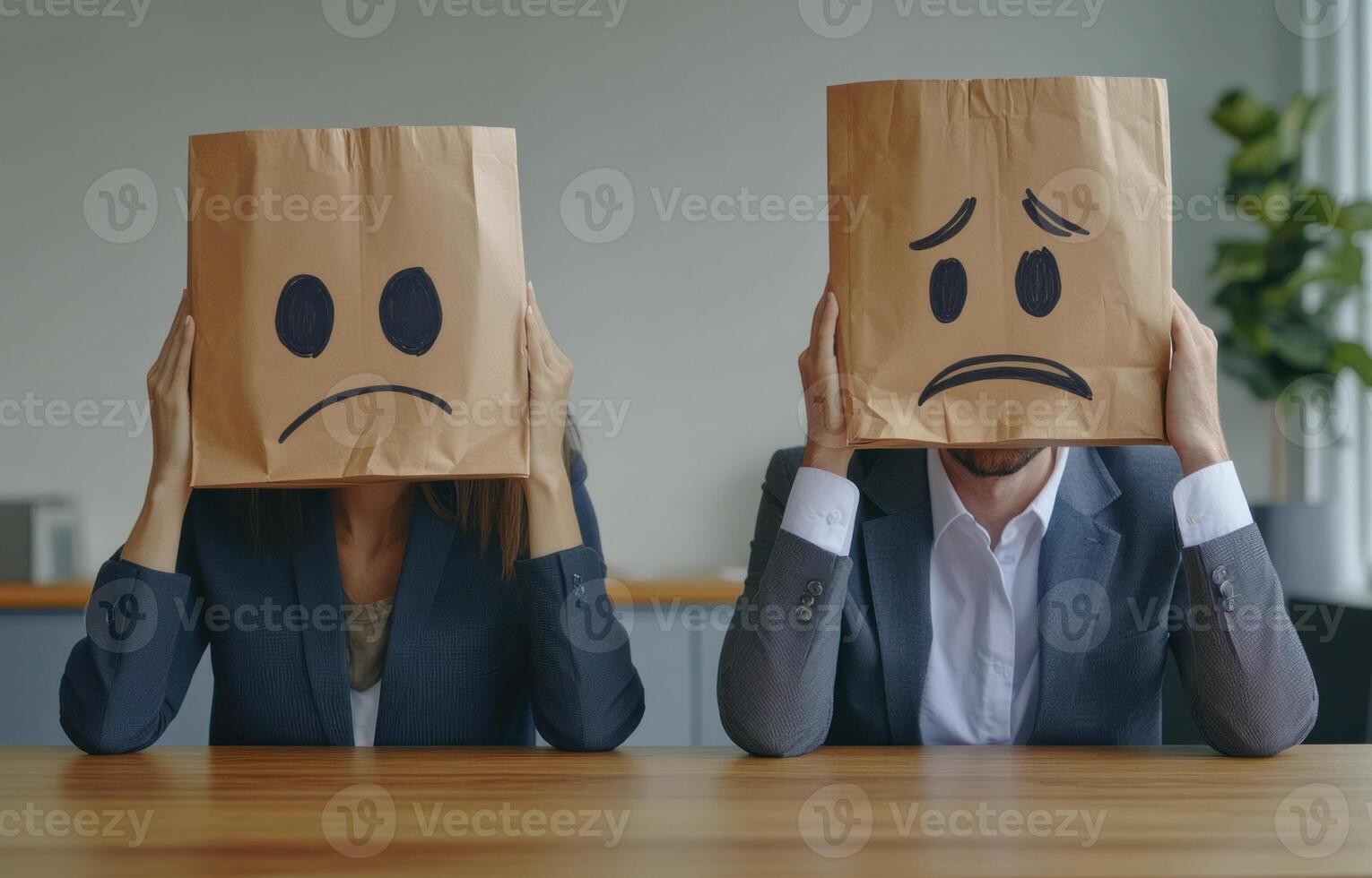 Two people with paper bags on their heads sit at a table in an office and draw sad faces. photo
