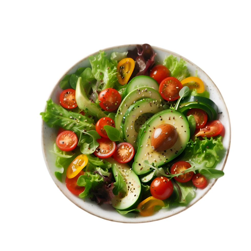 Salad with tomatoes, avocado and cucumber on a plate isolated from background png