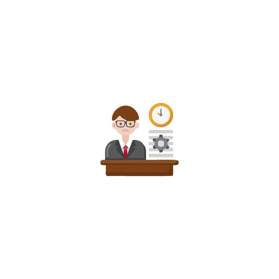 a man in a suit is sitting at a desk with a clock vector
