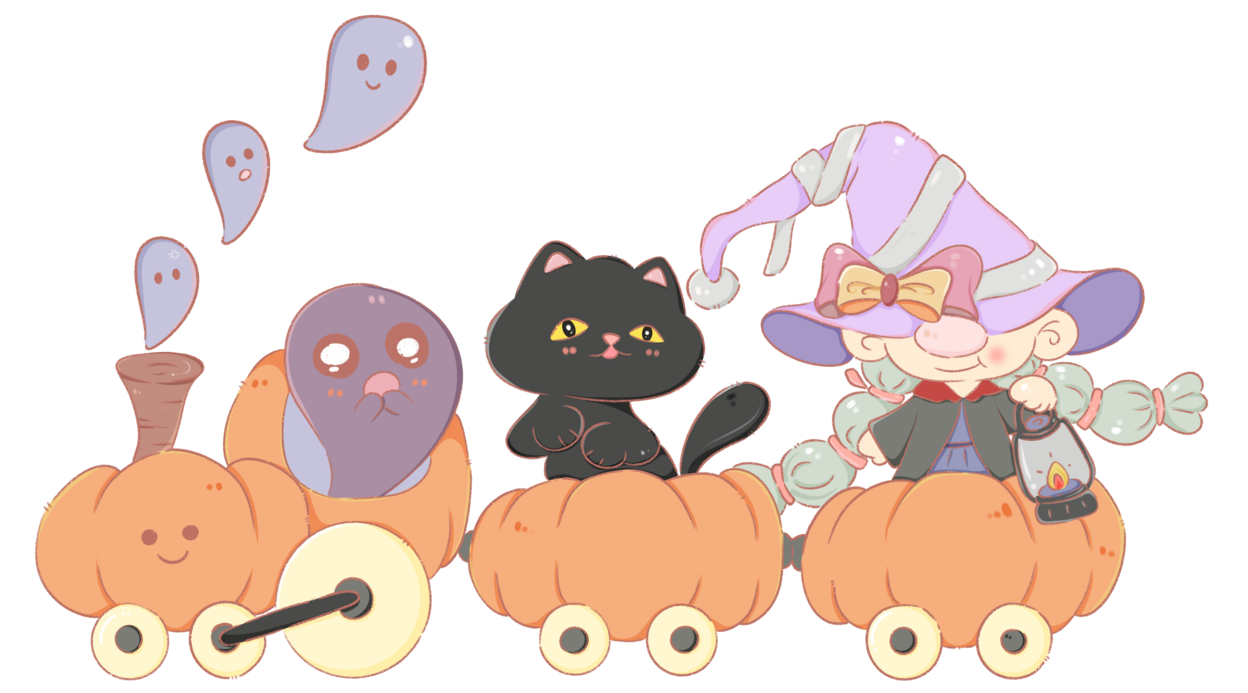 Cute Halloween Parade with Witch, Cat, and Pumpkins png