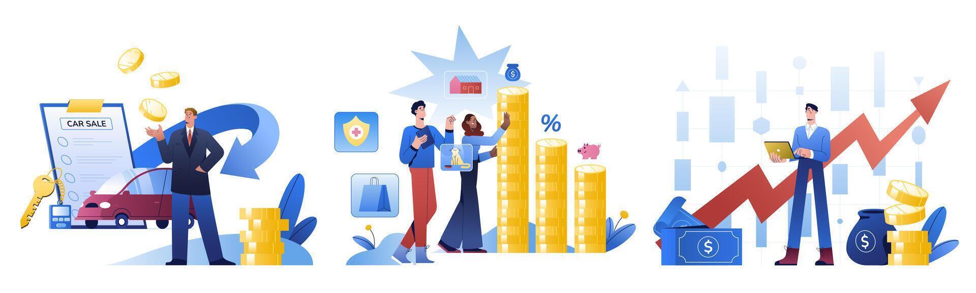 Financial literacy concept. Business investment, income growth, personal finance management or control of capital. Analyzing, planning budget, calculate profit. People saving money, managing expenses. vector