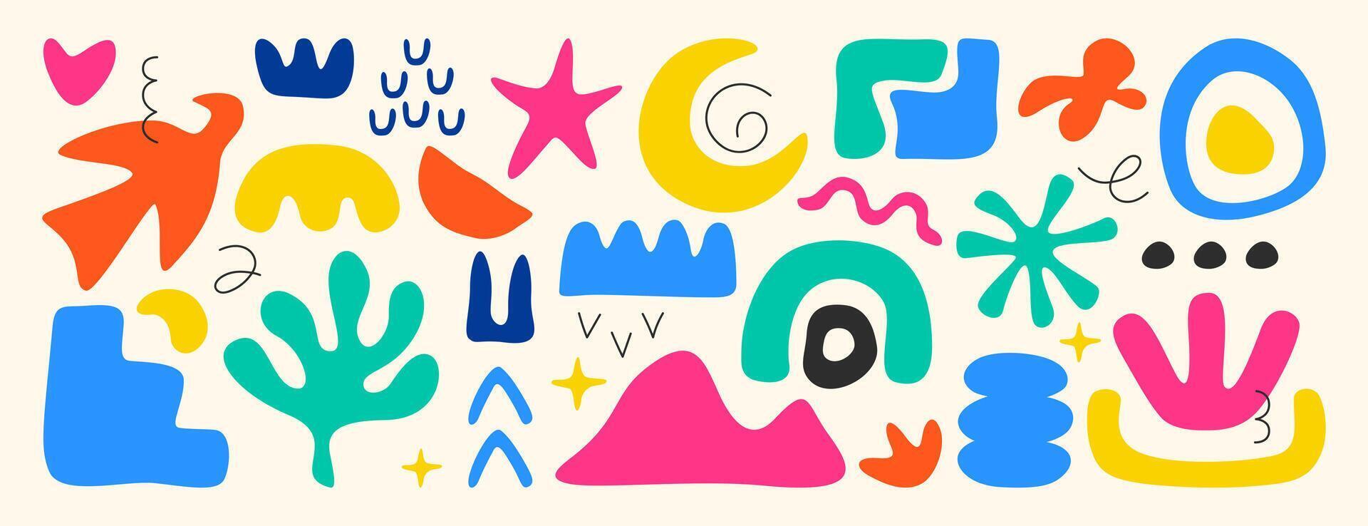 set of abstract simple geometric shapes, lines and nature forms. Collection of hand drawn trendy basic figures, organic matisse elements. Freehand freeform color objects, floral plants, leaves. vector