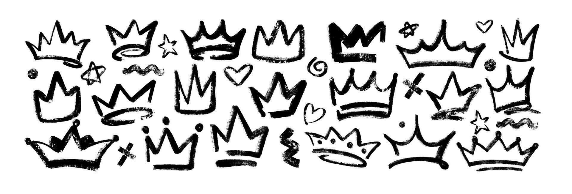 hand drawn crowns isolated on white background. Black ink graffiti king or prince diadem. Charcoal pencil princess tiara and star. Royal queen medieval crayon head accessories in grunge texture vector