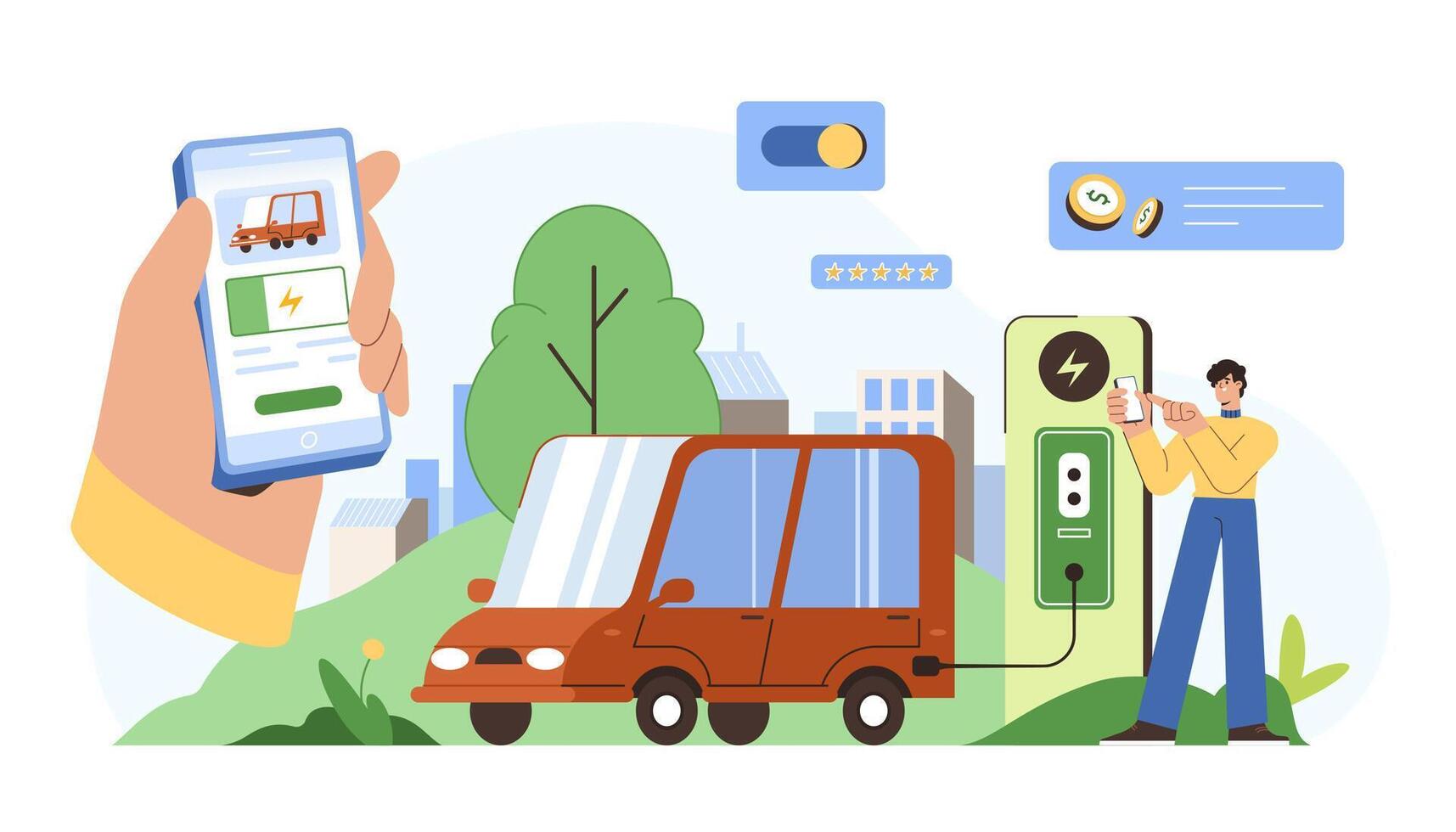 Flat man character pay and charge electric car at ev charger station via mobile application on smartphone. Green transport. Eco friendly fuel concept. Ecology environment vehicles. Charging point auto vector