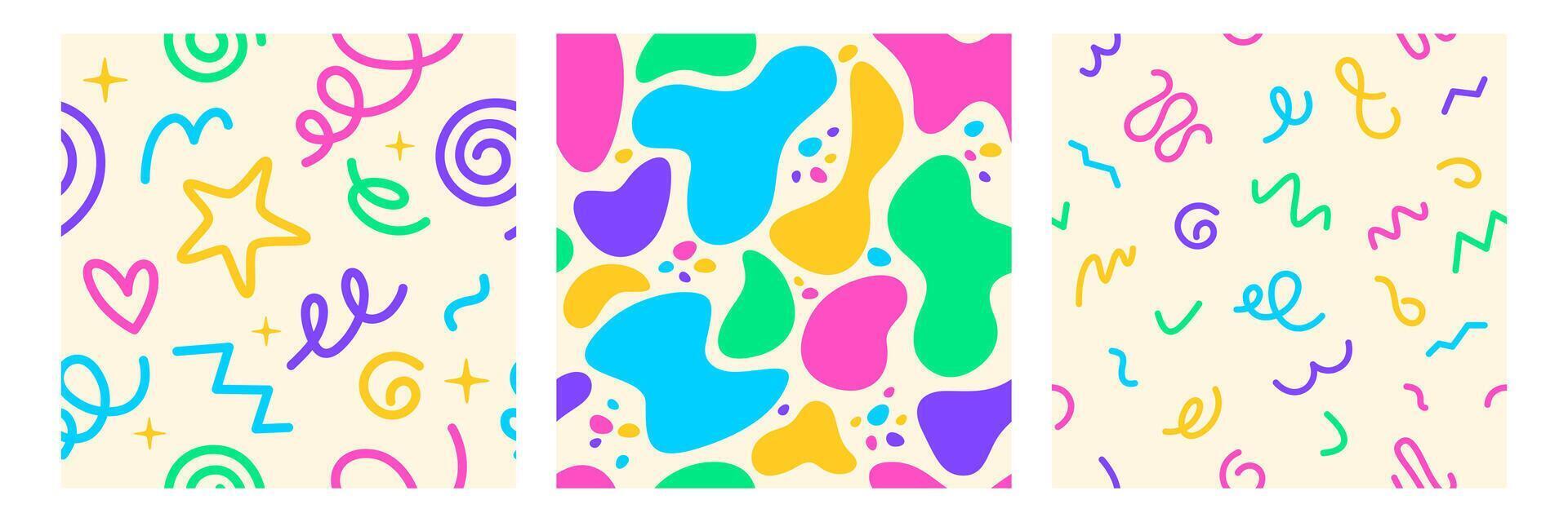 Set of seamless patterns of liquid organic shapes, irregular forms or abstract squiggles in vibrant colors. Square posters of hand drawn squiggly lines, doodle objects, paint blobs and freeform figure vector
