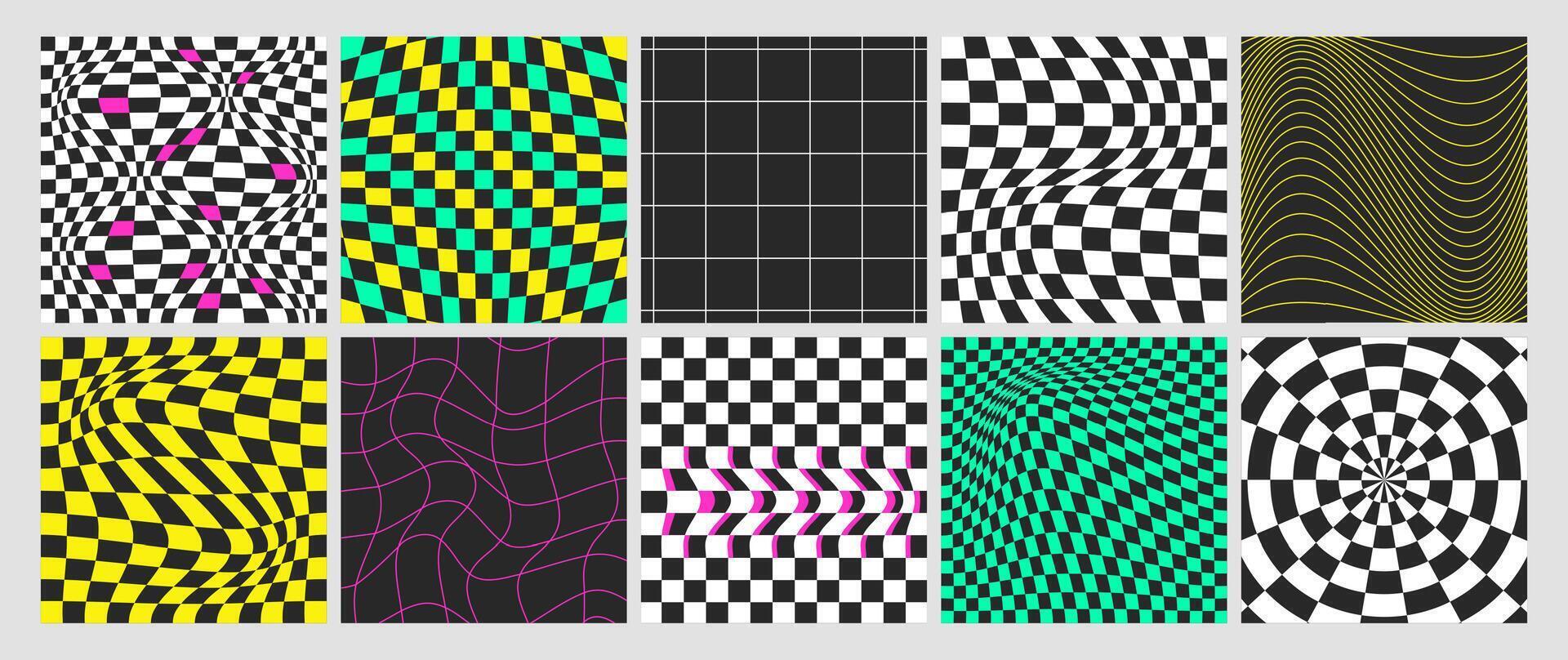 Square psychedelic checkerboard colorful background with warped grid tile, spiral or swirl. Checkered seamless geometric pattern in groovy y2k style. Distorted chessboard covers with distortion effect vector
