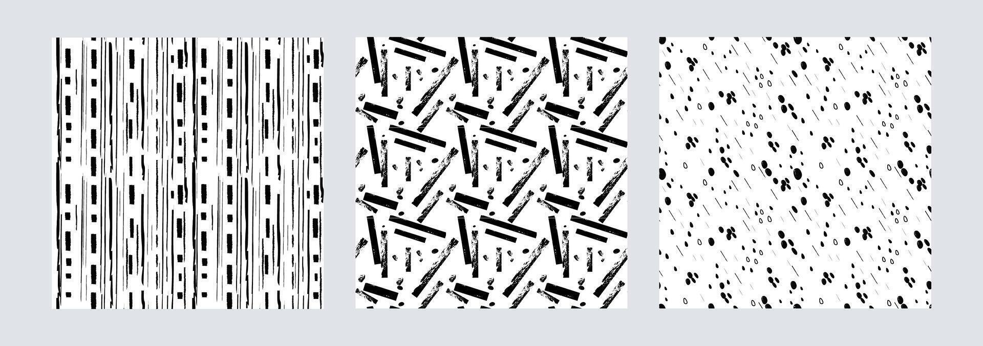 seamless pattern set with small dashed, stripes and vertical lines. Hand drawn repeat black elements, crayon geometric doodle elements. Random strokes, minimal droplets or scattered sprinkles. vector