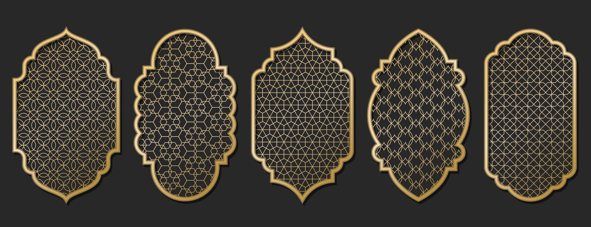 Gold traditional islamic window shape. Arabic golden frames, mosque arches isolated on black background. Muslim architecture design elements, silhouette moroccan borders or gates. Ramadan kareem doors vector