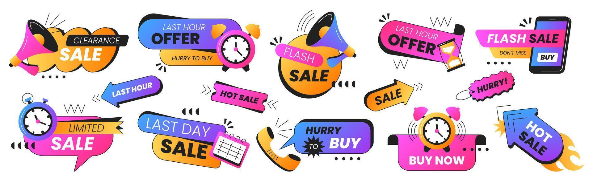Last time offer badge set in vibrant colors. Clearance sale labels with timer, calendar, stopwatch, phone and loudspeaker icon. Hot price, big promo stickers. Best discount, limited special promotion vector