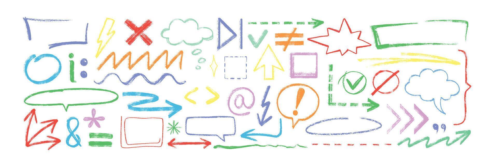 Hand drawn crayon texture emphasis, text highlight. Chalk pencil arrow, speech bubble, underline, stroke, braces, mathematical or punctuation marks. Charcoal checkmarks, message boxes and dotted lines vector