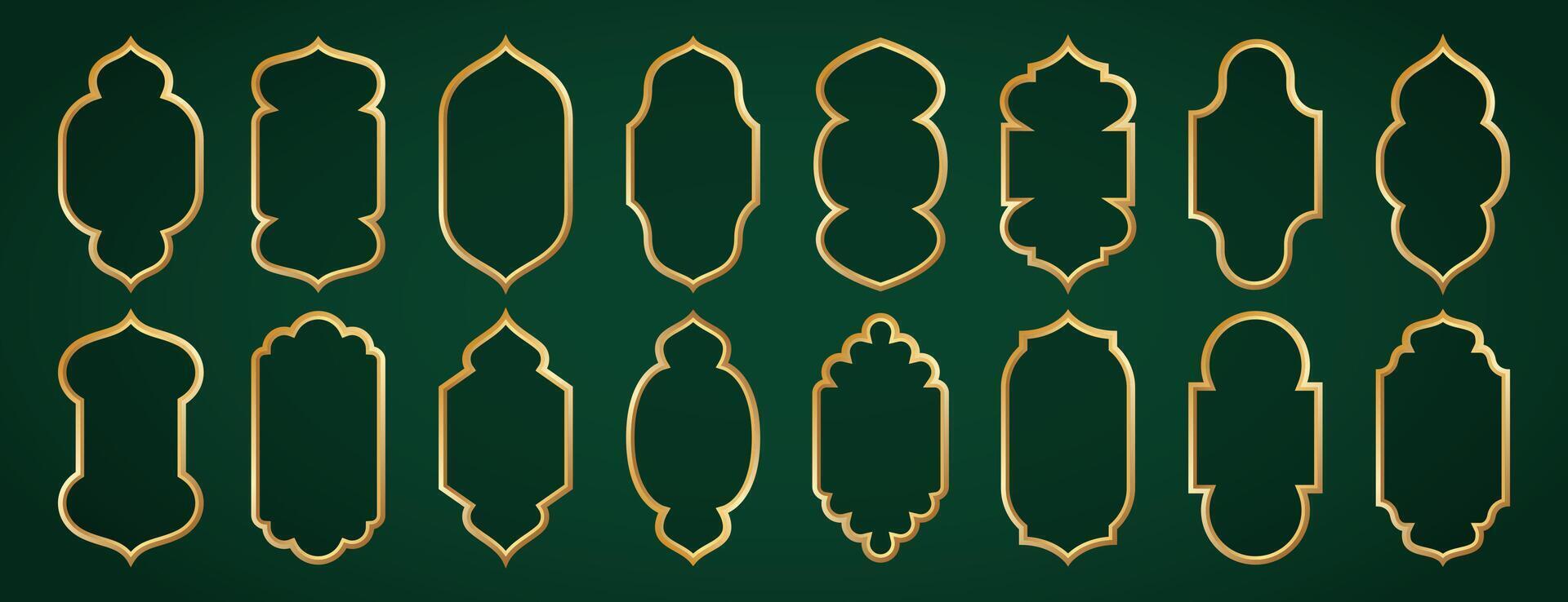 Gold traditional islamic window shapes. Ramadan doors, arabesque frames or mosque arches. Muslim architecture design element of golden silhouette moroccan arabic borders. Arabian gate, oriental mirror vector