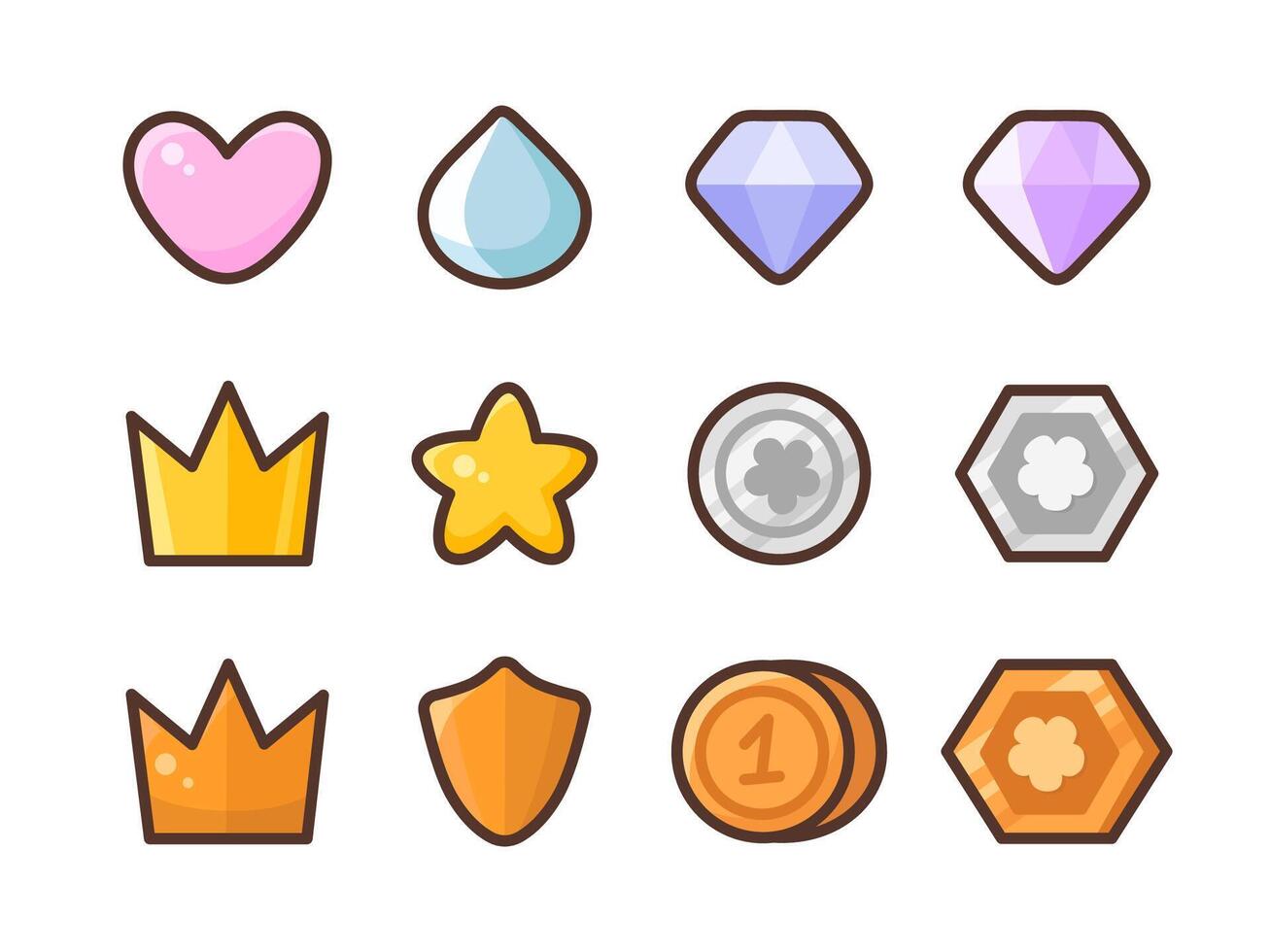 Icons set with heart, star, protective shield, drop, crystals, crown, coins. Colorful symbols design or elements for game vector