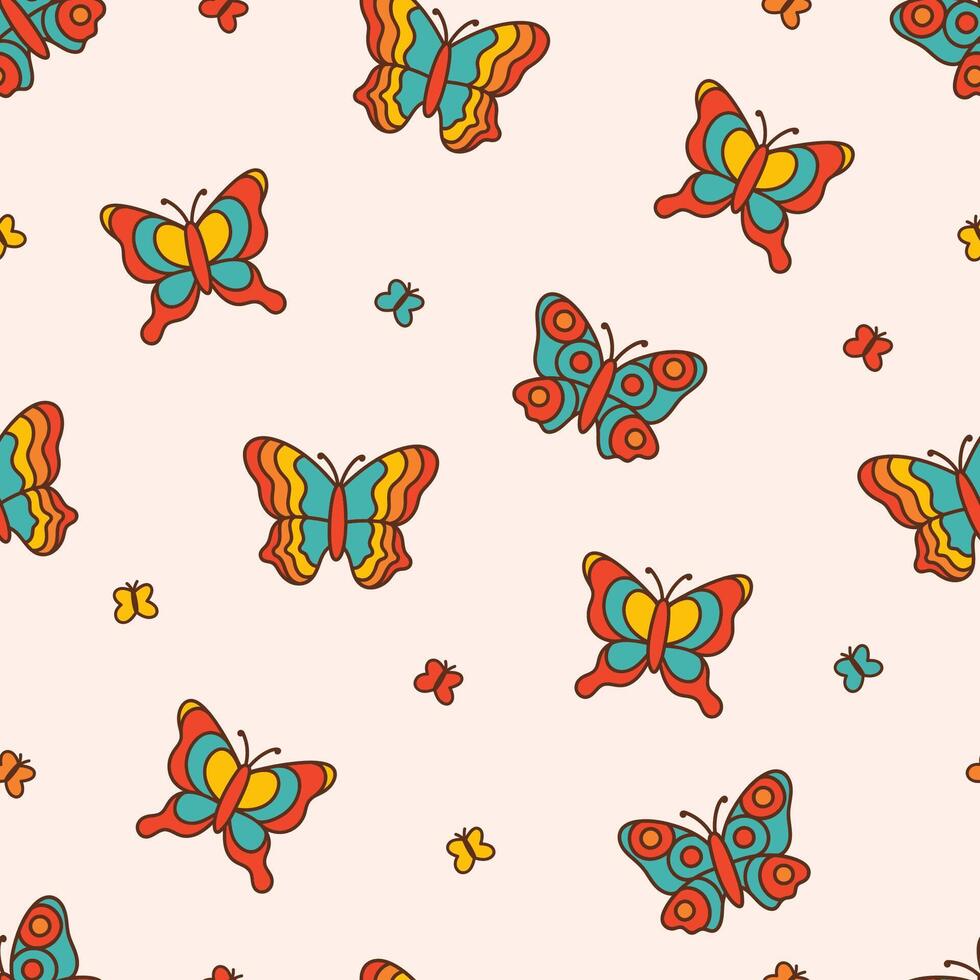 Retro seamless pattern. Textile design with butterflies. Abstract print, in a warm color palette. Vintage style 60s 70s vector