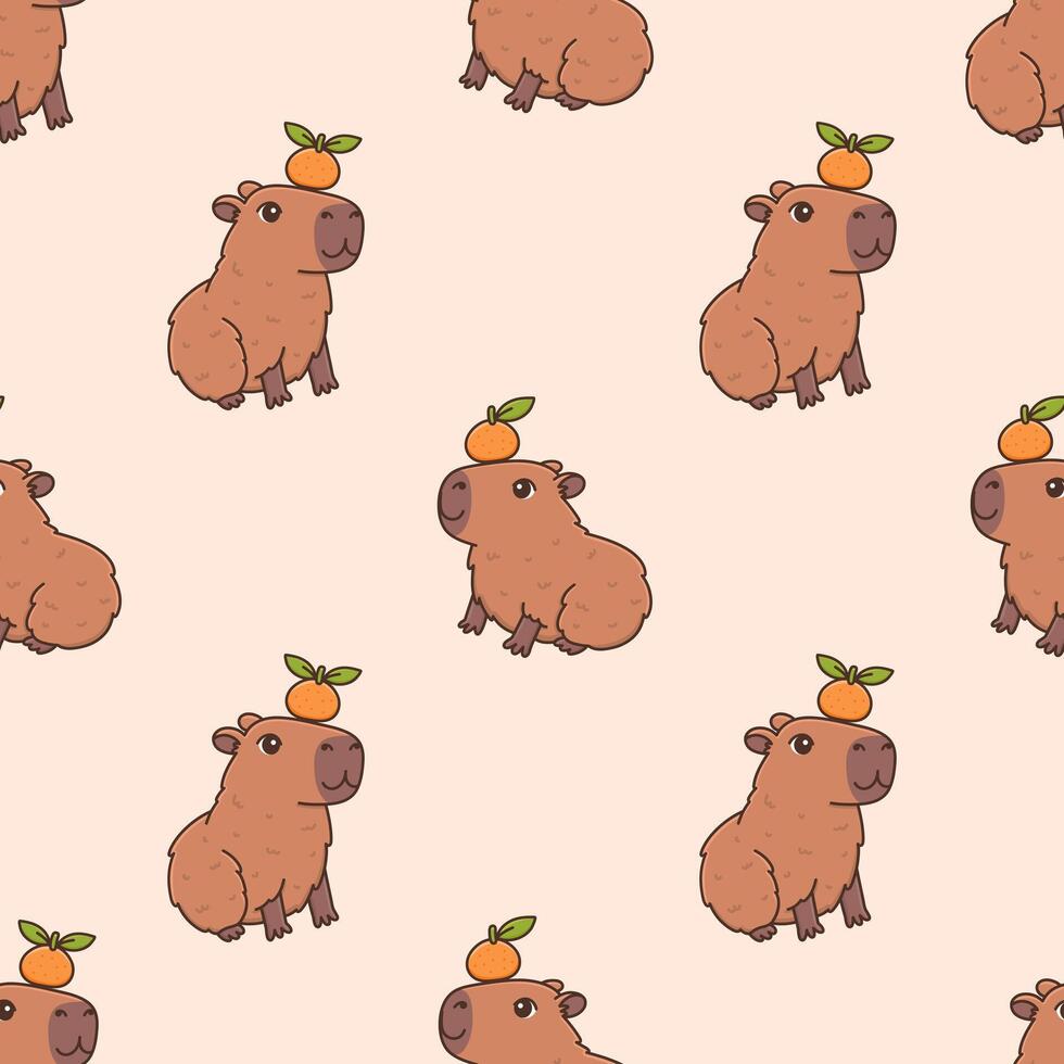 Seamless pattern of cute capybaras with citrus fruits. Funny cartoon rodent characters and tangerine. Animal print vector