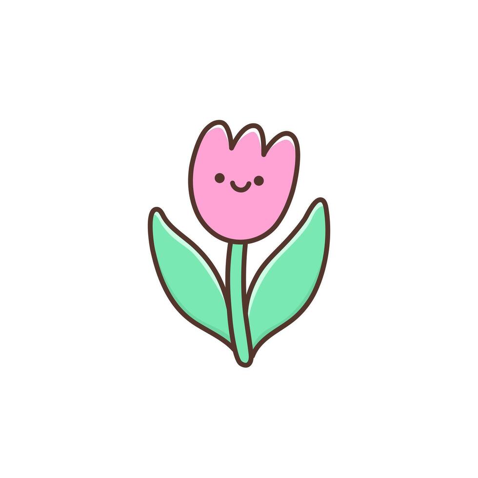 Summer or spring design element cute kawaii tulip flower. Happy cartoon character with smile face. Illustration isolated on white background vector