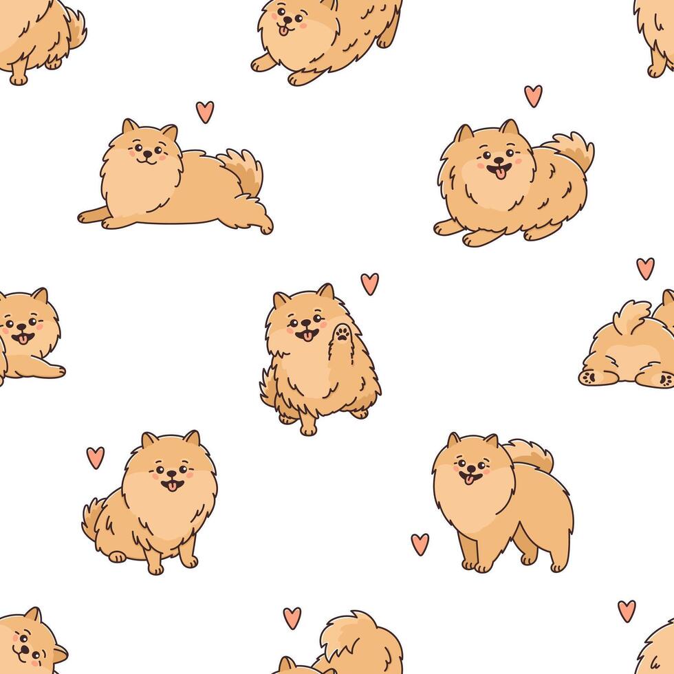 Seamless pattern with cute and funny Pomeranian Spitz dogs. Background with small purebred puppys in funny poses. Amusing fluffy pets and hearts. Animals smiling vector
