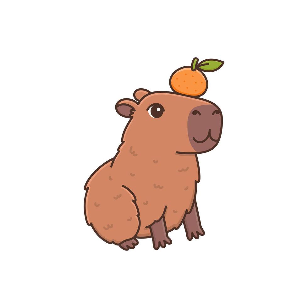 Cute capybara and tangerine or mandarin citrus fruit. Cartoon funny rodent. Charming cute animal character vector