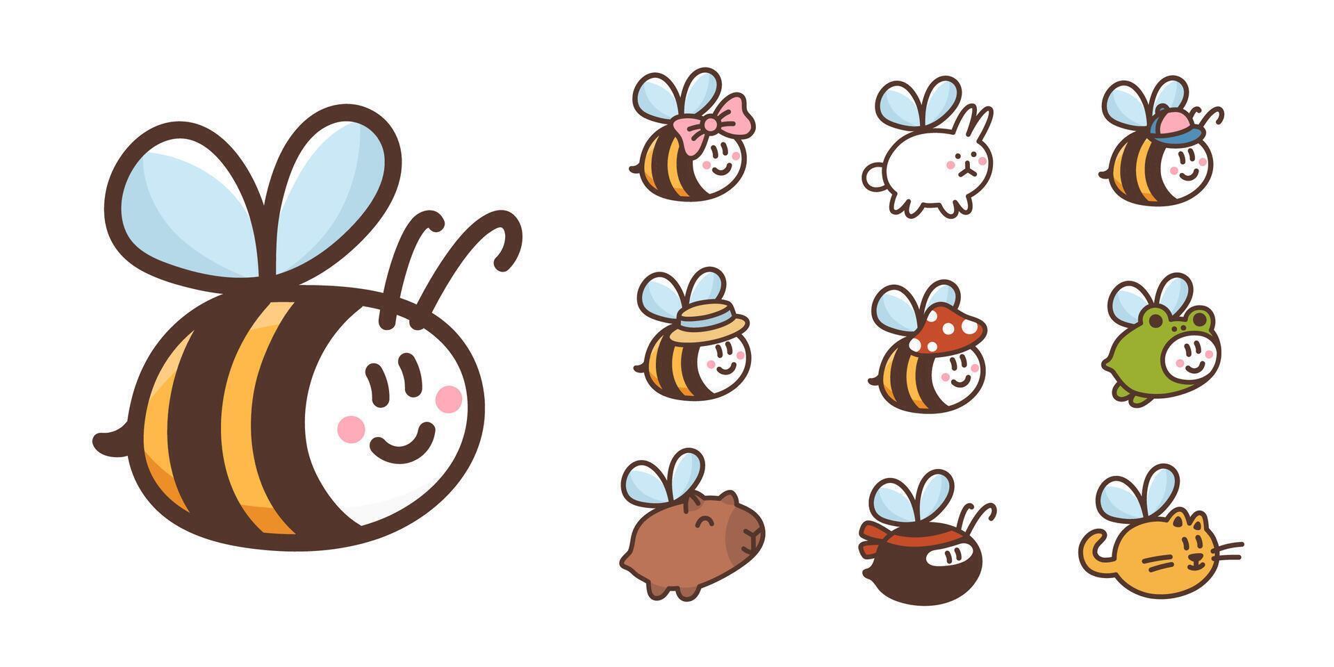 Set of bees in wearing funny costumes capybara, cat, frog, ninja, in cap, straw hat, mushroom hat, with bow. Collection of funny smiling honeybee cartoon characters. Colored illustration vector