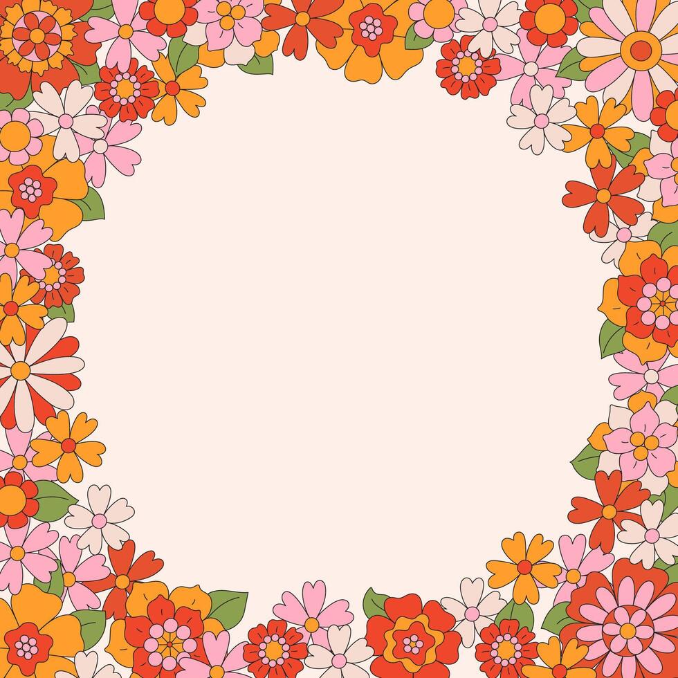 70s 60s retro groovy wreath of hippie daisy flowers. Floral square frame isolated on background. Hand-drawn illustration in vintage boho style vector