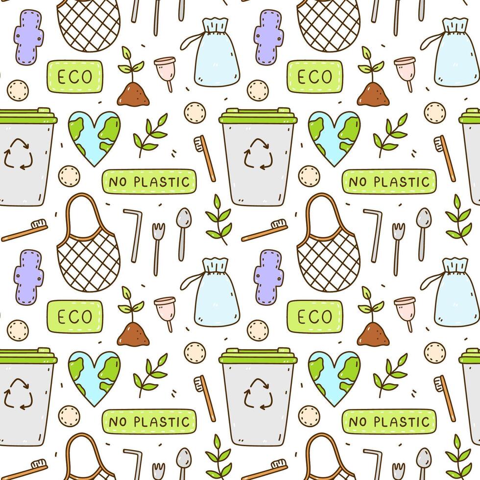 Cute seamless pattern with recycle and reusable products - mesh bag, textile pads and cotton pads, menstrual cup, bamboo toothbrushes, steel cutlery. Zero waste, No plastic, ecology concept. vector