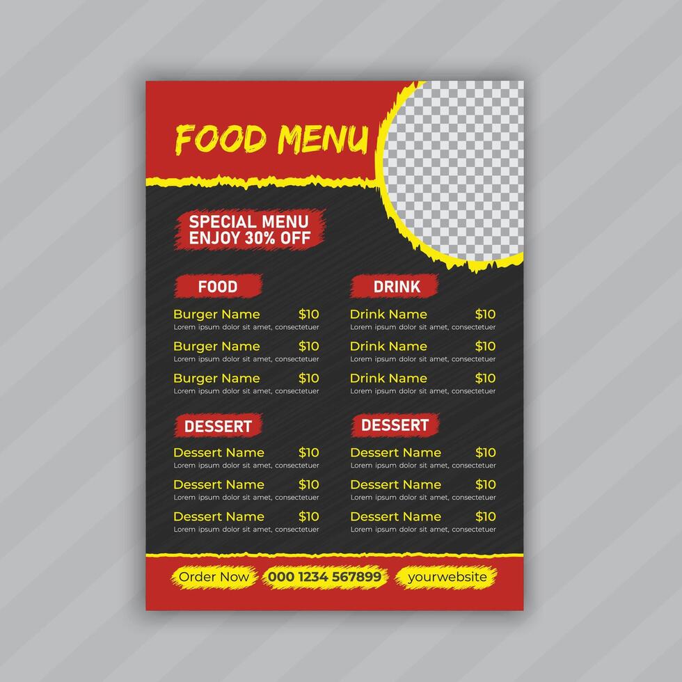 Food Menu Flyer Design Template and restaurant menu. illustration for banner, poster, flyer, cover, brochure vector