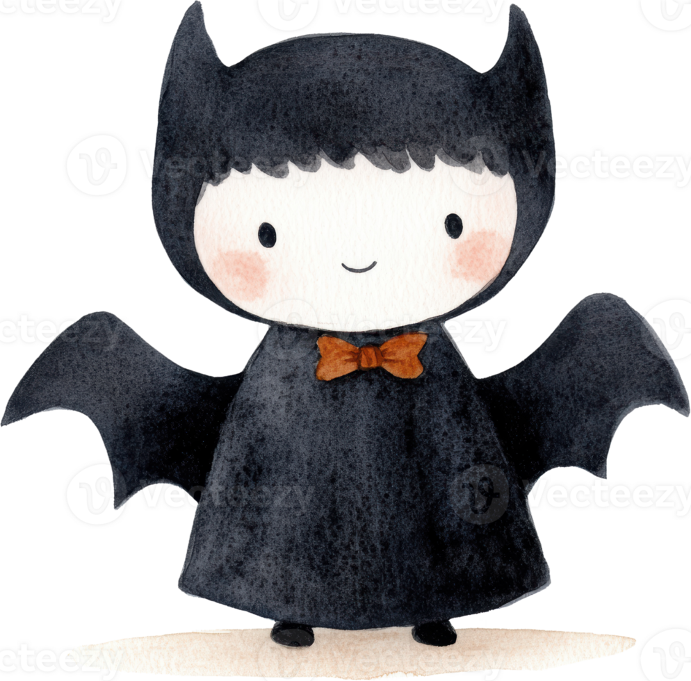 Adorable Vampire Child in Halloween Costume with Bat Wings and Bow Tie png