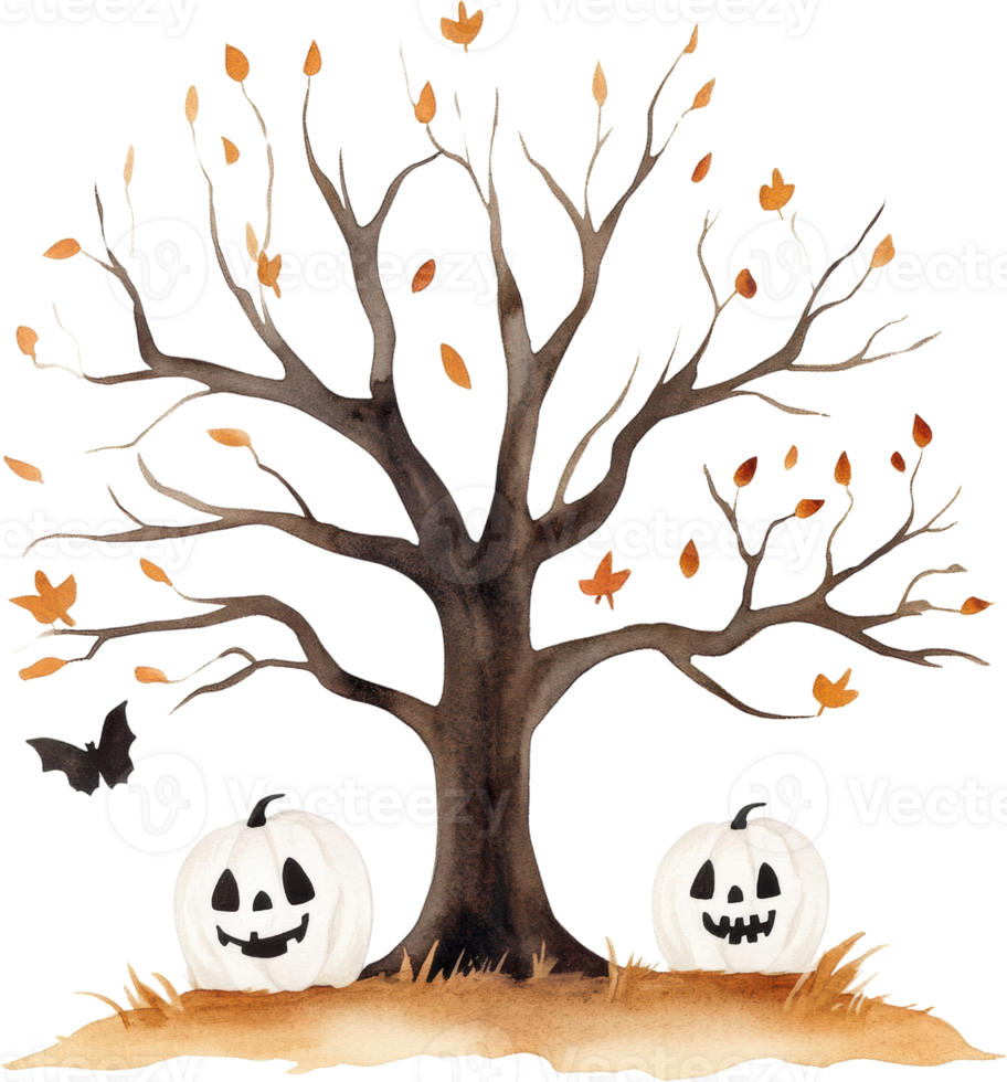 Whimsical Halloween Scene with Pumpkin Lanterns and Barren Tree png