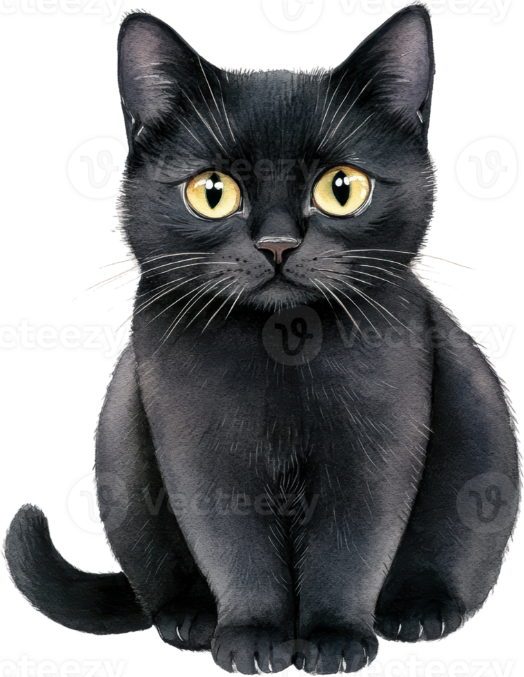 Charming Black Cat with Bright Golden Eyes Staring Intently png