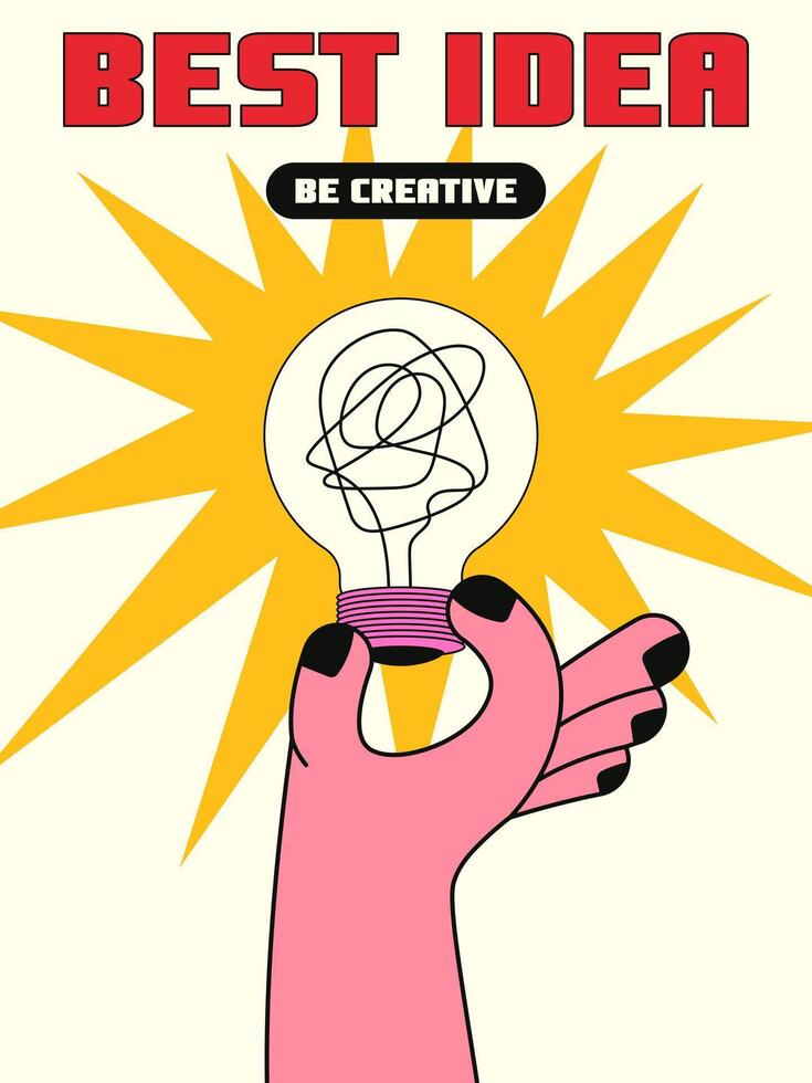 Vertical trendy postcard with a back to school theme in retro style y2k. Illustration of a light bulb with doodles in creative thick hands. Creative idea concept. vector
