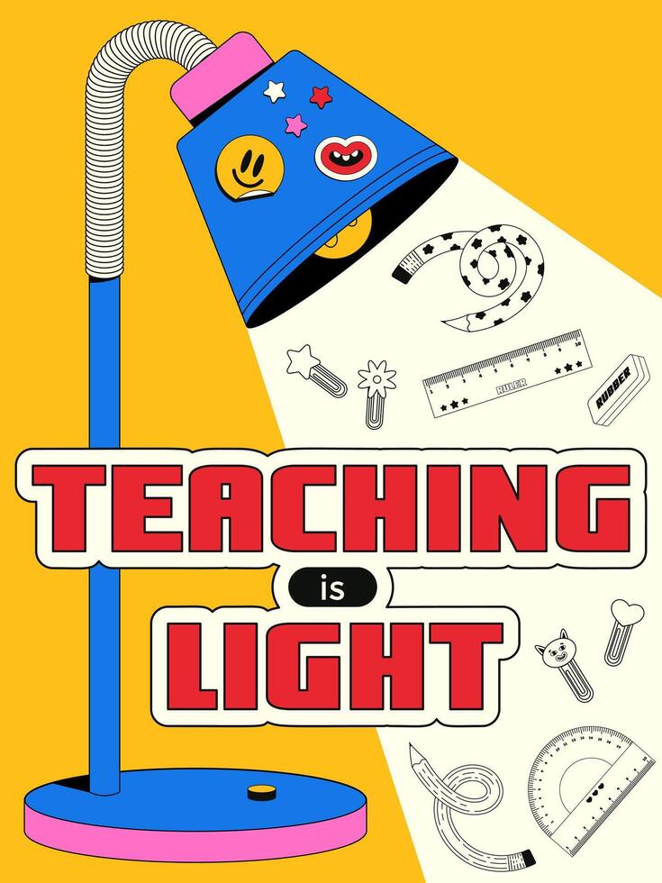 Vertical card with a back to school theme in retro style y2k. Illustration of a desk lamp with stickers and a beam of light with various office supplies. Teaching is light. vector