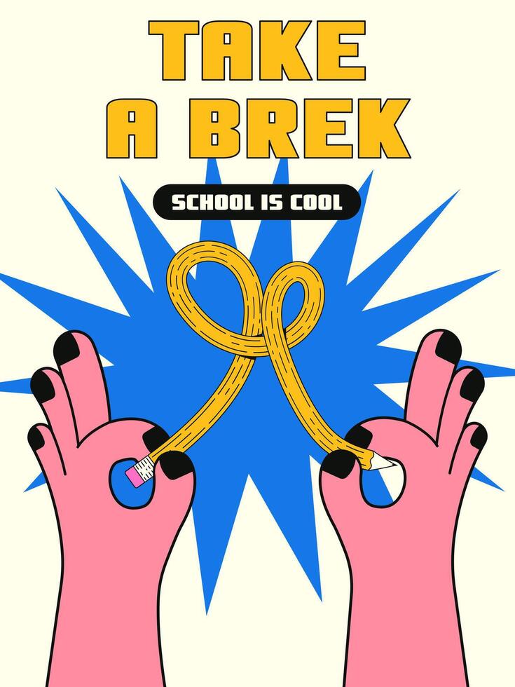 Vertical trendy postcard with a back to school theme in retro style y2k. Illustration of a flexible pencil in creative thick hands. vector