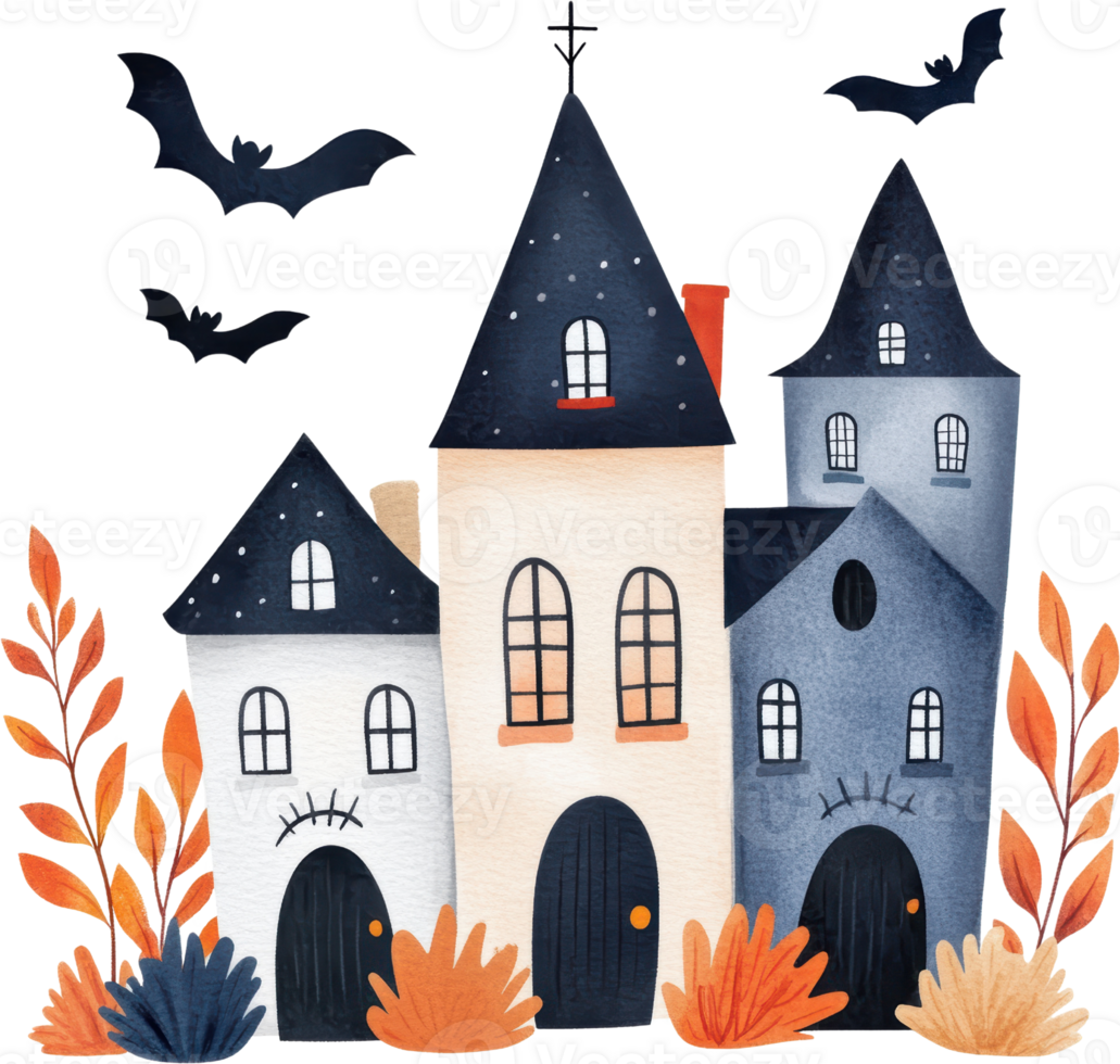 Whimsical Haunted Village with Bats and Autumn Foliage png