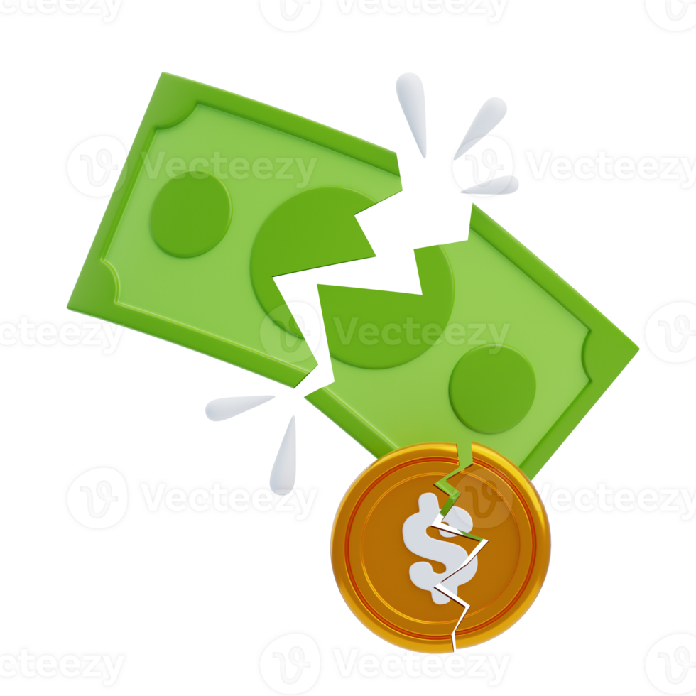 Broken Money 3D Icon. Bankrupt 3D Icon png