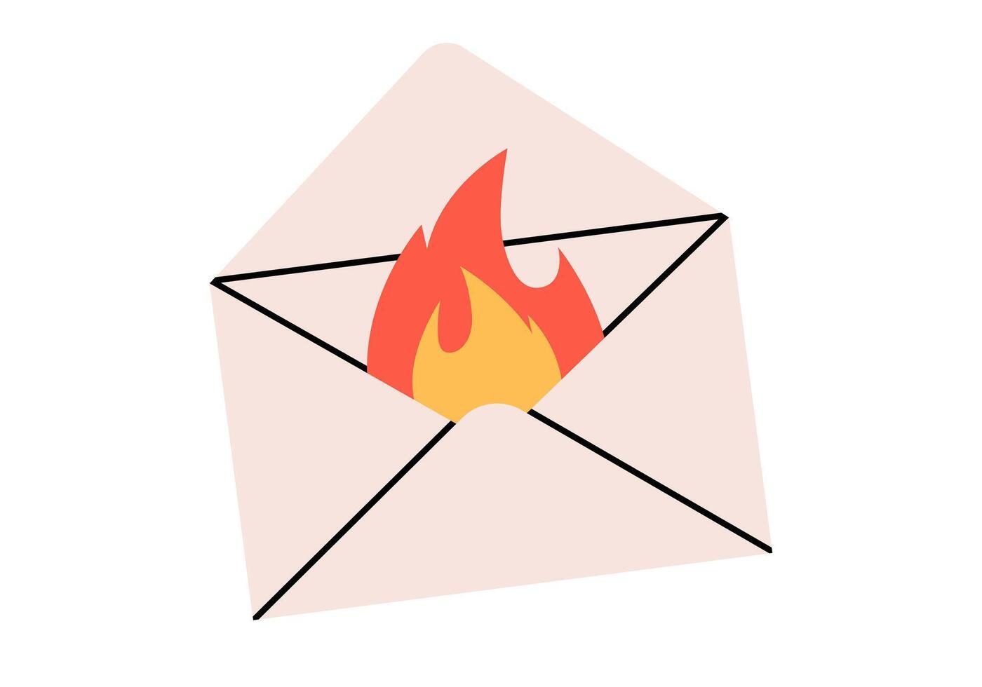 Hand drawn cute cartoon illustration of envelope with fire inside. Flat email letter with hot news sticker in colored doodle style. Fast delivery service icon or print. Urgent message. Isolated vector