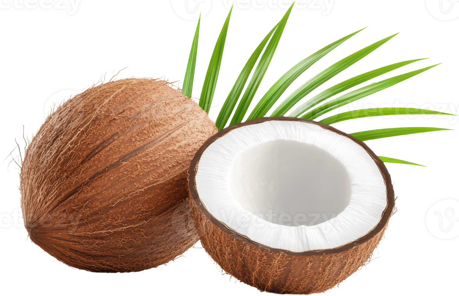 Halved Coconut with Green Fronds on Transparent Background png