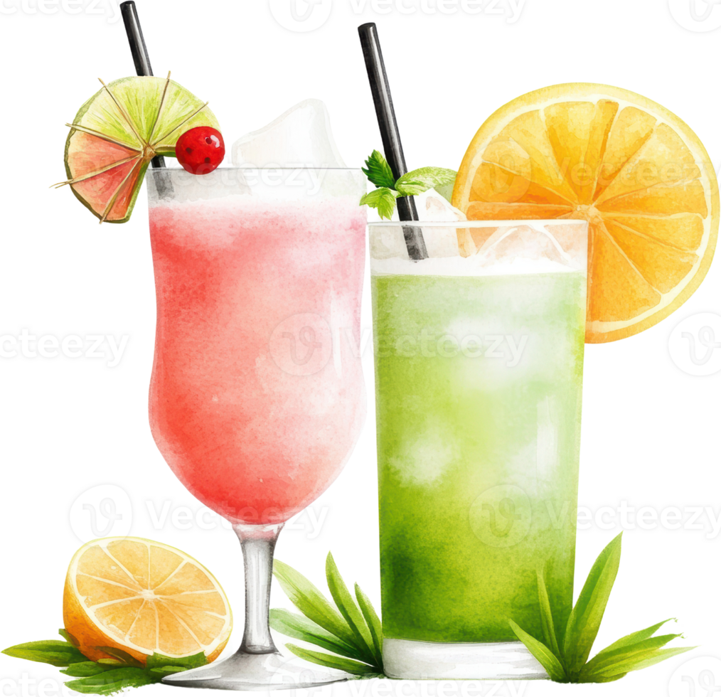 Vibrant Pair of Tropical Beverages with Citrus Garnishes png