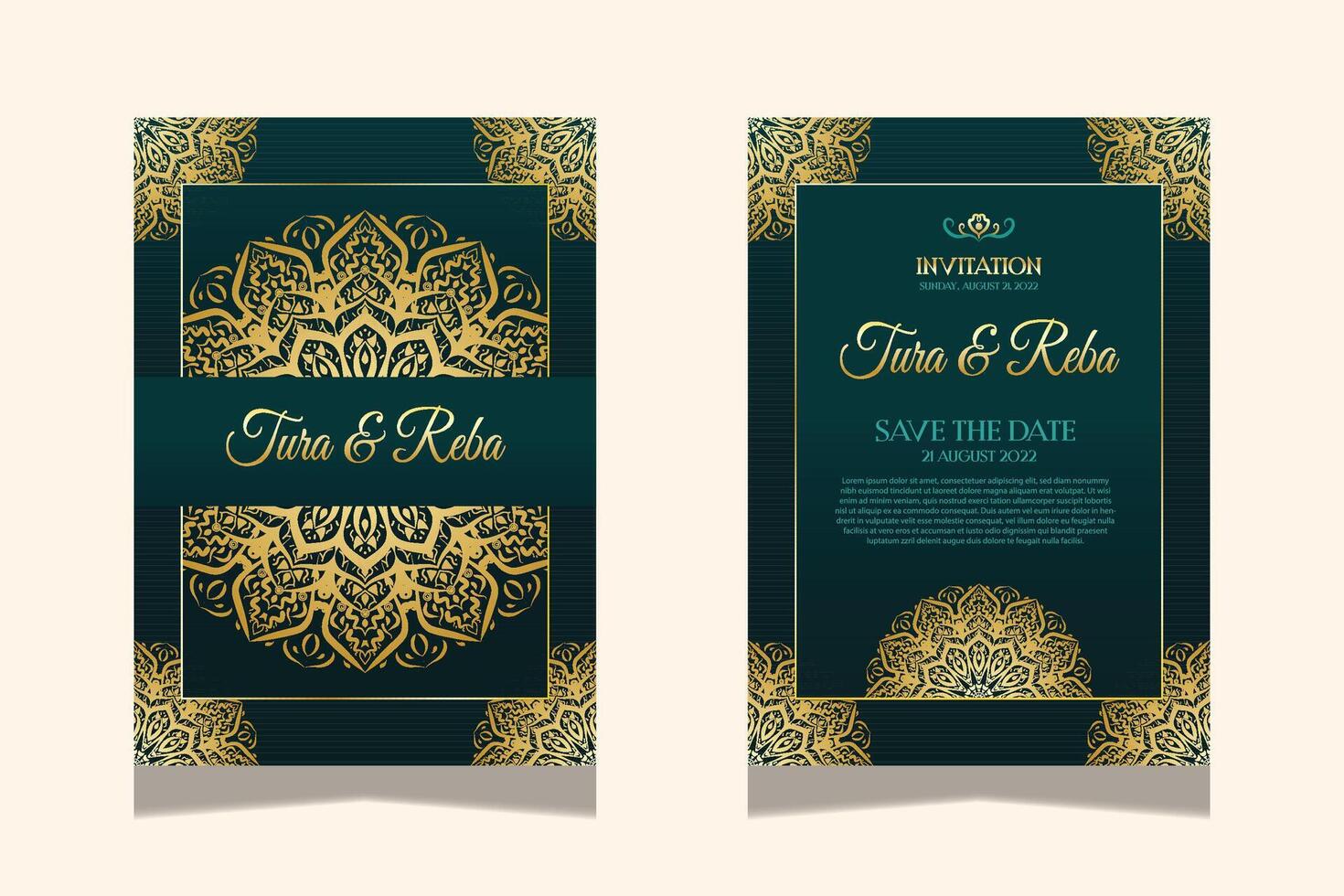 Luxury Green And Gold Elegant damask wedding invitation template vector
