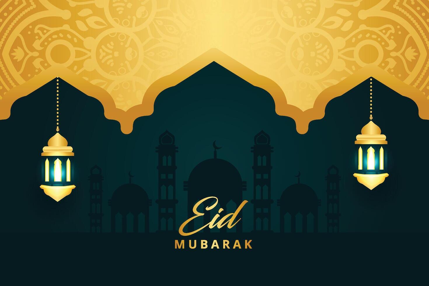 Gold Green Creative Realistic eid mubarak background with candles and mosque vector