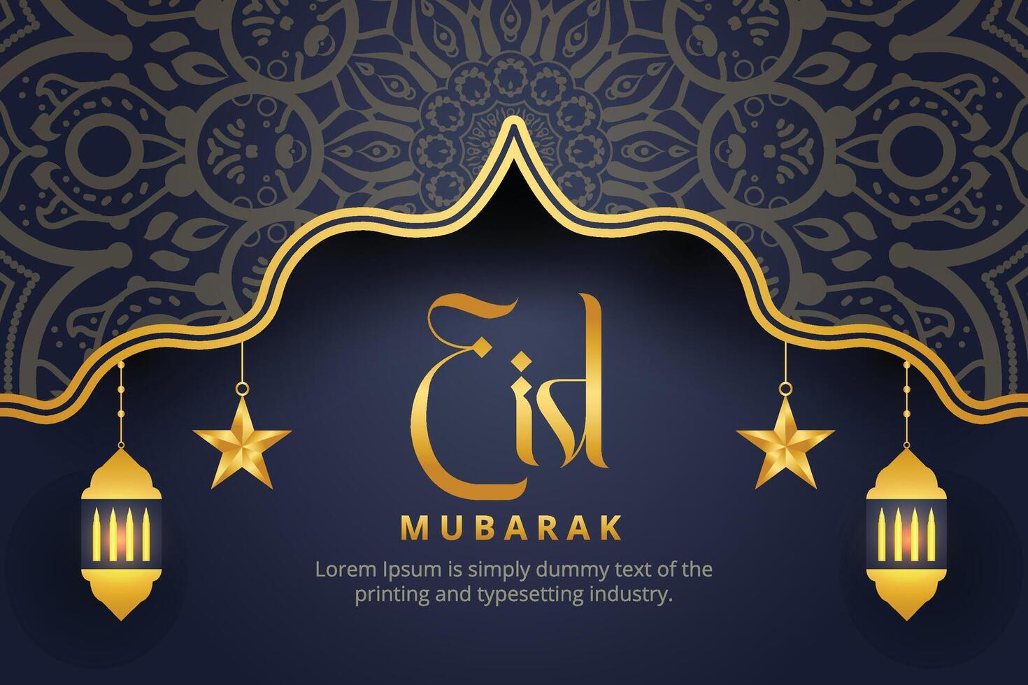 Blue and Golden Realistic eid mubarak background with candles and mosque vector