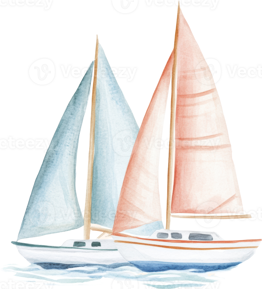 Serene watercolor sailboats sailing side by side on a calm sea png