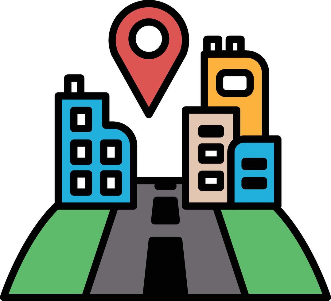 A city skyline with a black and white drawing of a road with a black dot on it vector