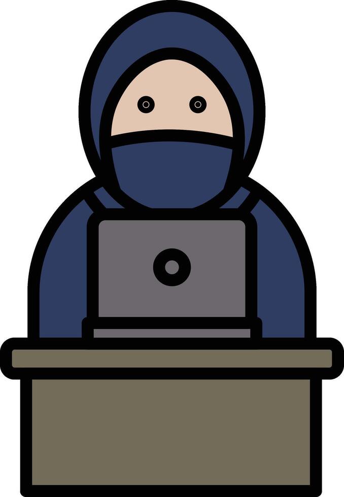 A man wearing a mask is sitting at a desk with a laptop vector