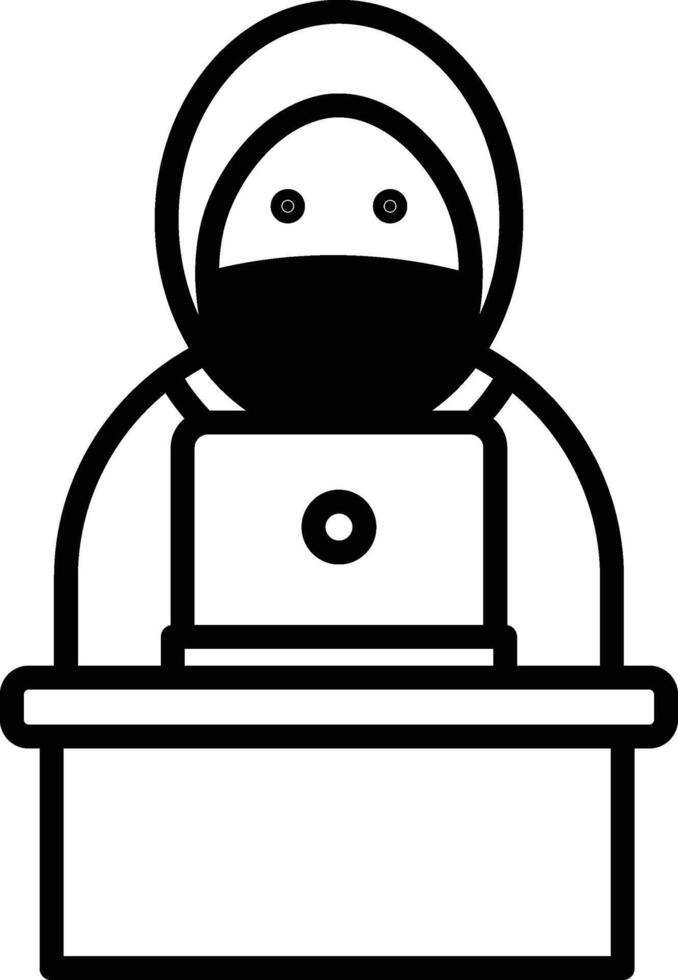 A man wearing a mask is sitting at a desk with a laptop vector