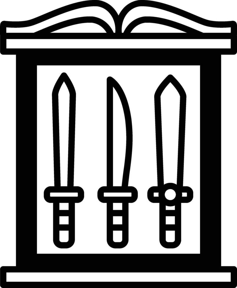 Three swords are displayed in a case vector