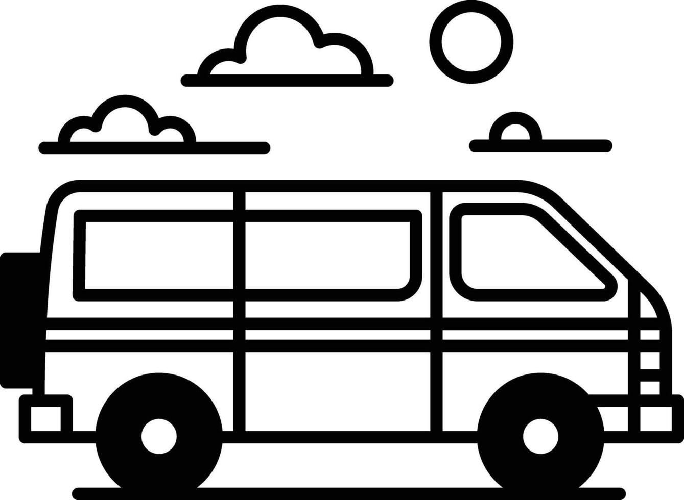 A black and white drawing of a van with a sun in the background vector