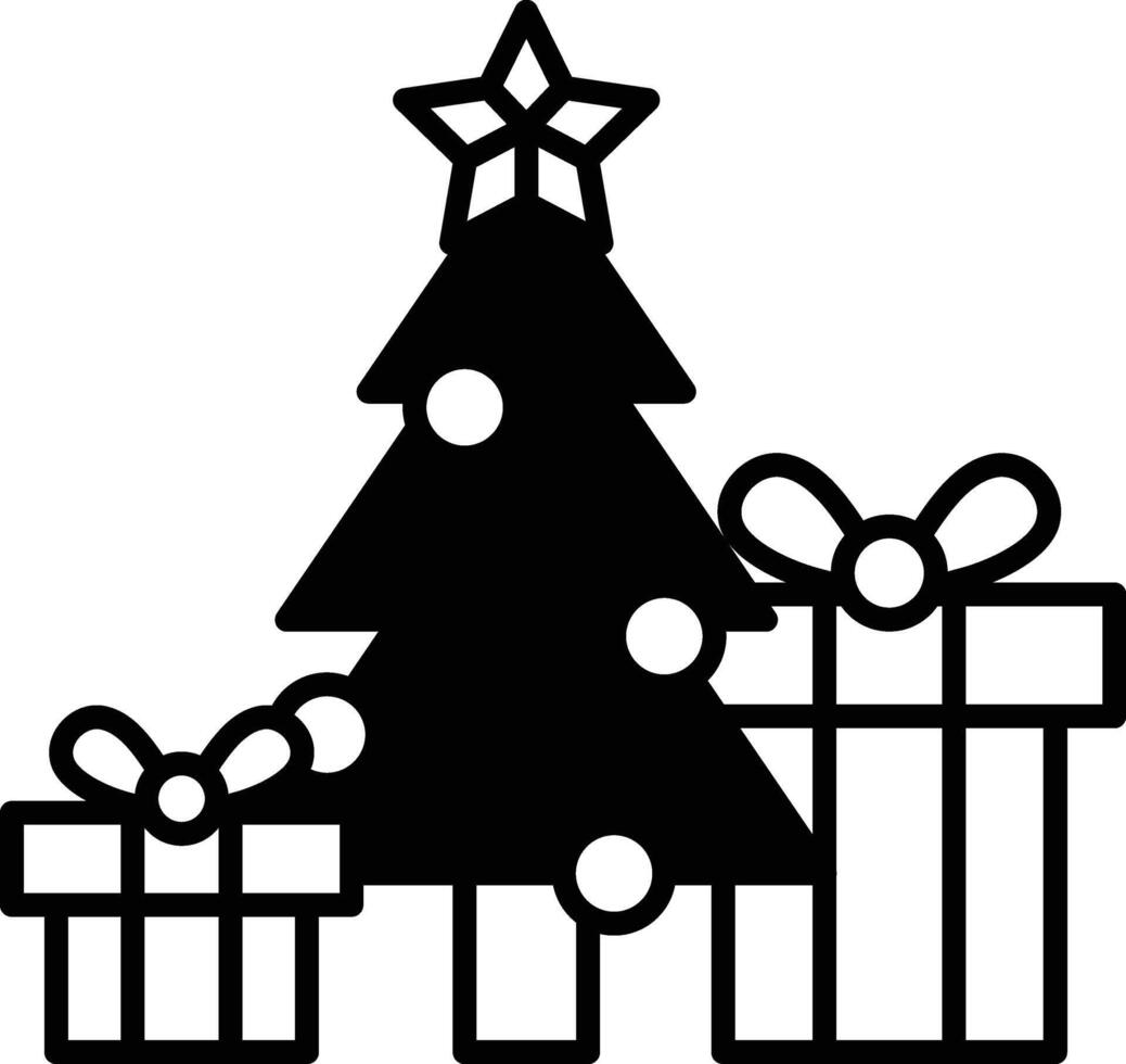 A black and white Christmas tree with a star on top and presents underneath vector